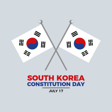 Güney Kore Anayasa Günü poster çizimi. Bir direğin ikonunda iki Güney Kore bayrağı var. Güney Kore bayrak sallıyor. Arkaplan, afiş, kart şablonu. 17 Temmuz. Önemli bir gün.