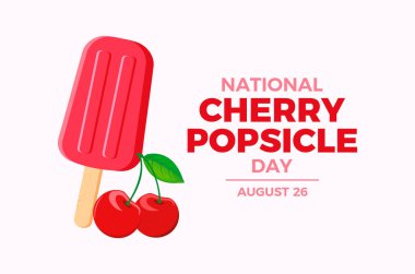 Ulusal Kirazlı Dondurma Günü poster çizimi. Taze kiraz ikonlu vişneli dondurma. Kırmızı meyveli dondurma çizimi. Arkaplan, afiş, kart şablonu. Her yıl 26 Ağustos