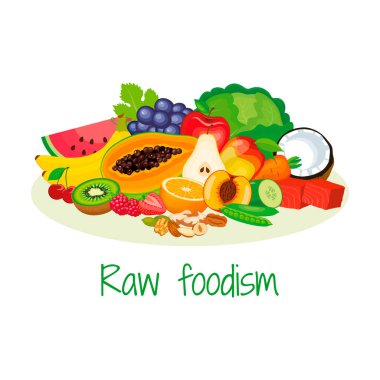 Ham gurme diyet yemek ikonu belirleme vektörü. Meyveler, sebzeler, fındık vektör çizimi. Bir yığın sağlıklı taze yiyecek çizimi. Beyaz arkaplanda çiğ gıda diyeti simgesi