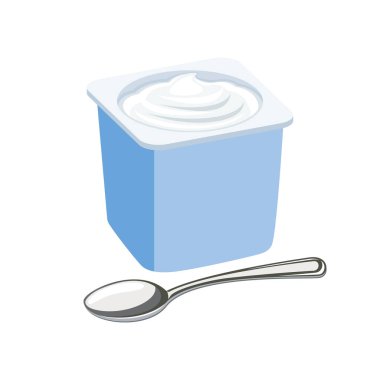 Plastik bardak vektör illüstrasyonunda beyaz doğal yoğurt. Beyaz bir arka planda beyaz yoğurt kabı ve kaşık ikonu vektörü izole edilmiş. Mavi plastik bir kabın içindeki yoğurt.