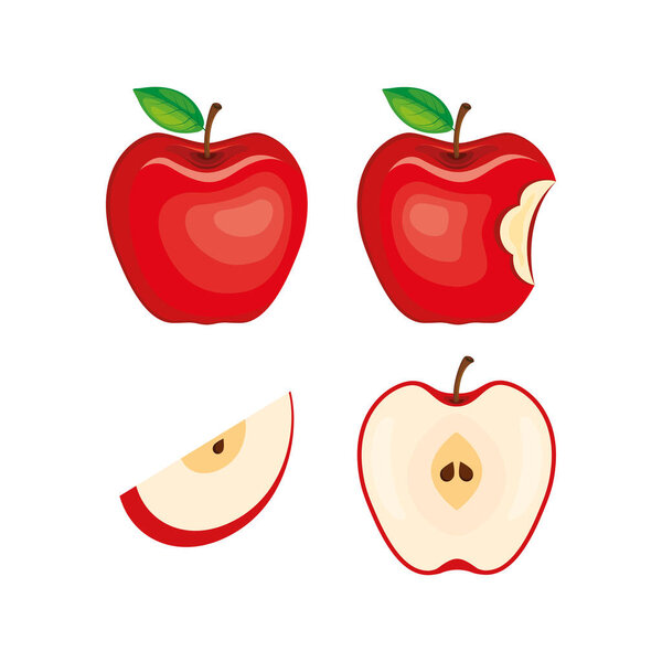Целый и половина красного яблока иконка набор вектор. Красные свежие яблоки фруктовый значок набор вектор выделен на белом фоне. Укушенное красное яблоко