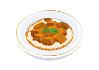 Tabak vektör illüstrasyonunda körili tavuk ve pilav. Beyaz arka planda izole edilmiş bir tabak ikon vektöründe pirinç ve kişniş soslu tavuk körisi. Tavuk Tikka Masala çizimi