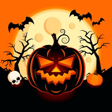 Korkunç Cadılar Bayramı balkabağı Jack O Lantern ve gece manzarası çizimi. Karanlık ve ürkütücü bir manzarada parlayan Cadılar Bayramı kabağı. Balkabağı, dolunay, yarasalar ve ağaçlarla Cadılar Bayramı