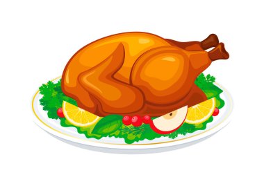 Tabak vektör çiziminde garnitürlü fırında hindi. Beyaz arka planda izole edilmiş süs ikonu vektörlü Şükran Günü hindisi eti. Kızarmış hindi mi yoksa tavuk resmi mi?