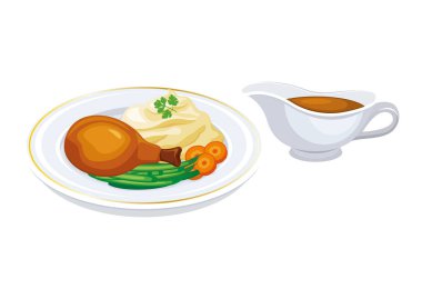 Tavuk budu, patates püresi ve et suyu çizimi. Tavuk budu, patates püresi ve sebze püresi ile beyaz arka planda izole edilmiş bir tabak ikonu. Sos sosu teknesi çizimi