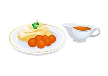 Köfteli patates püresi ve soslu vektör çizimi. Beyaz arka planda izole edilmiş bir tabak ikonu vektöründe patates püresi ve köfte. Sos sosu teknesi çizimi