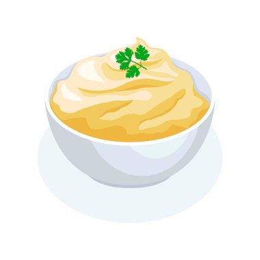 Kase vektör çiziminde patates püresi. Beyaz arka planda izole edilmiş patates püresi ikon yemek vektörü. Maydanozlu patates püresi.