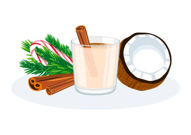 Coquito coconut christmas drink vector illustration. Coquito in a glass and cinnamon stick icon vector isolated on a white background. Puerto Rican eggnog with cinnamon, coconut and candy cane drawing clipart