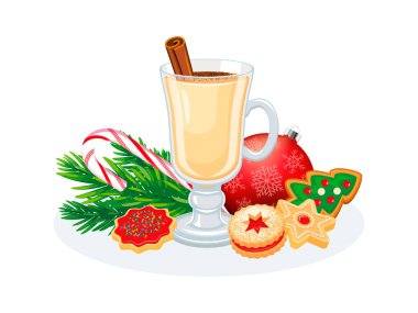Bir bardak eggnog ve noel kurabiyeleri vektör illüstrasyonu. Eggnog içeceği ve noel kurabiyeleri ikon vektörü beyaz arka planda izole edilmiş. Eggnog içeceği Noel natürmort hayat çizimi