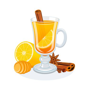 Limonlu sıcak Toddy Cocktail, tatlım, tarçın vektör çizimi. Viski, su ve beyaz arka planda izole edilmiş baharat ikonu vektörlü sıcak toddy içeceği. Sıcak sıcak içecek çizimi