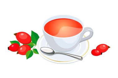 Gül kalçalı bir fincan çay ve vektör çizimi. Beyaz arka planda izole edilmiş gül kalça çayı ikonu seti. Bir fincan sağlıklı bitki çayı çizimi.