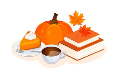 Bir fincan kahve, balkabağı turtası, kitaplar ve sonbahar yaprakları vektör çizimi. Kahveli, pastalı, kitaplı ve balkabağı ikonlu sonbahar dekorasyonu beyaz arka planda izole edilmiş. Sabit düşüş yaşam vektörü