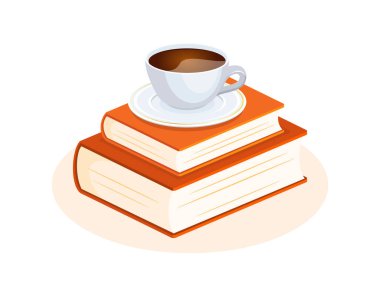 Bir fincan kahve ve bir yığın kitap vektör çizimi. Beyaz arka planda izole edilmiş bir yığın kitap ikonu üzerinde bir fincan kahve. Sıcak içecek çizimiyle hayatı okumak