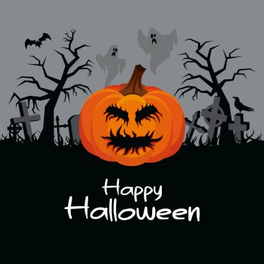 Mezarlık vektör illüstrasyonunda korkunç balkabağı ile Cadılar Bayramı geçmişiniz kutlu olsun. Ürkütücü balkabağı ve mezarlık taşıyıcısı. Mezarlı ürkütücü gece manzarası. Arkaplan, afiş, kart için şablon