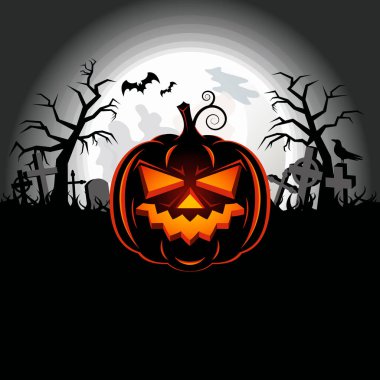 Mezarlık vektör illüstrasyonunda korkunç bir balkabağı ile Cadılar Bayramı geçmişi. Ürkütücü balkabağı, parlayan ay ve mezarlık taşıyıcısı. Mezarlı ürkütücü gece manzarası. Arkaplan, afiş, kart için şablon