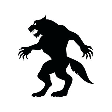Beyaz arka planda izole edilmiş siyah kurt adam silueti ikonu. Korkunç kurt adam silueti vektör çizimi. Kurt canavar tasarım elementi. Cadılar Bayramı Sembolü