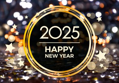 2025 Mutlu Yıllar arkaplanı. Altın Bokeh ışıkları çerçeveli. Şatafatlı yeni yıl 2025 tebrik kartı, üzerinde ışık yansımaları var. Arkaplan, afiş, kart için şablon