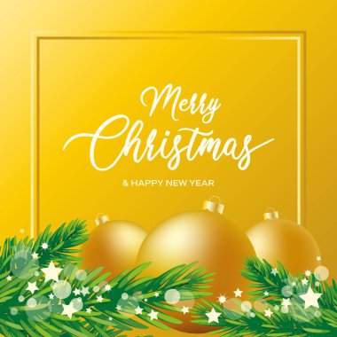 Mutlu Noeller ve mutlu yeni yıl tebrik kartları, içinde altın mücevherler ve yeşil ağaç vektör çizimleri olan. Topları ve ladin şubesi vektörüyle mutlu noeller. Arkaplan, afiş, kart için şablon