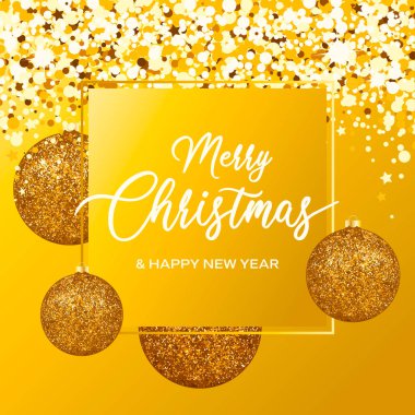 Mutlu noeller ve mutlu yeni yıl tebrik kartı üzerinde altın parıltılı değerli vektör illüstrasyonları olan. Işıltılı küreleri olan mutlu noeller altın arka plan. Arkaplan, afiş, kart için şablon