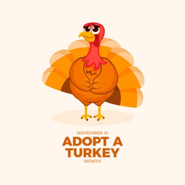 Kasım ayında bir Türkiye Ayı poster illüstrasyonunu kabul et. Şükran Günü sevimli utangaç hindi ikonu taşıyıcısı. Sevimli hindi çizgi film karakteri. Arkaplan, afiş, kart şablonu. Önemli bir gün.