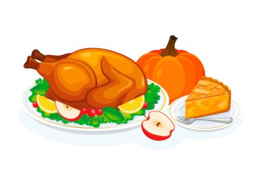 Thanksgiving dinner with roast turkey and pumpkin pie vector illustration. Roasted turkey with garnish on a plate and a piece of sweet pie icon vector isolated on a white background