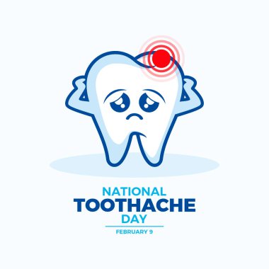 Ulusal Diş Ağrısı Günü poster illüstrasyonu. Acı ikonu vektörlü üzgün diş. Mutsuz çürümüş diş çizgi film karakteri. Arkaplan, afiş, kart şablonu. Her yıl 9 Şubat 'ta. Önemli bir gün.