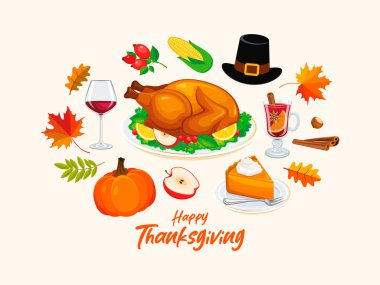 Mutlu Şükran Günleri. Renkli ikon kümesi vektörü. Şükran Günü hasat ikonu seti. Sonbahar yiyecek ve içecek koleksiyonu. Kızarmış hindi, sonbahar yaprakları, balkabağı, tatlı turta, hacı şapkası sanatı.