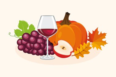 Bir bardak kırmızı şarap, üzüm, balkabağı, elma ve sonbahar renkli yaprak çizimi. Sonbahar ekinleri ve bitki çizimleri. Sonbahar hasat ikonu seti. Hareketsiz yaşam grafik tasarım ögesini düşür