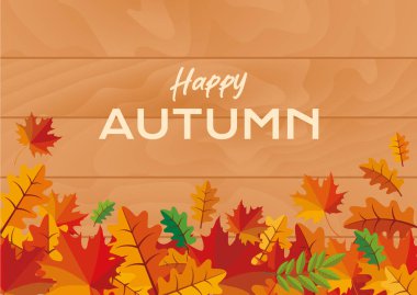 Ahşap arka plan vektör illüstrasyonunda renkli yapraklı mutlu sonbahar afişleri. Sonbahar meşe ve akçaağaç yapraklı ahşap çerçeve. Arkaplan, afiş, kart için şablon
