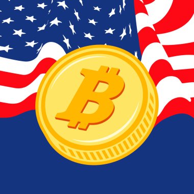 Bitcoin para ve Amerikan bayrak vektör illüstrasyonu. Bitcoin altın sikke ve Birleşik Devletler ikon vektörünün bayrağı. Arkaplan, afiş, kart için şablon