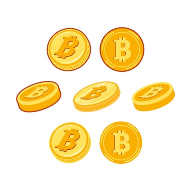 Bitcoin altın sikke kripto para simgesi beyaz zemin üzerinde izole edilmiş vektör kümesi. Bitcoin altın para koleksiyonu. Altın bitcoin vektör kümesi