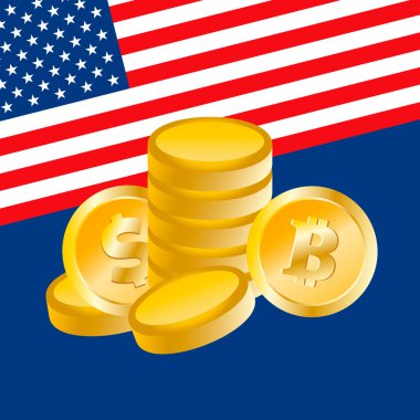 Bitcoin ve dolar altın sikkeler ve Amerikan bayrak vektör çizimi. Amerikan bayrağı arkaplan vektör illüstrasyonunda altın bitcoin yığını. Arkaplan, afiş, kart için şablon