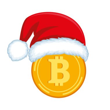 Noel Baba şapkası takan Bitcoin. Bitcoin altın sikke ve kırmızı Noel Baba şapka ikonu vektörü beyaz arka planda izole edilmiş. Zengin Noel Bitcoin sembolü
