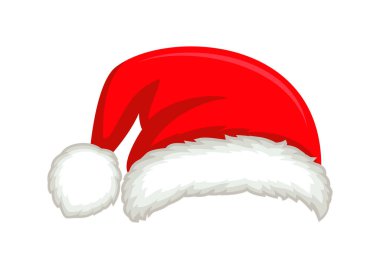 Noel Baba şapka ikonu vektörü beyaz arka planda izole edilmiş. Noel Baba kırmızı şapkalı, ponpon pon vektör resimli. Çizgi film tarzında Noel sembolü