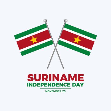 Soyadı Bağımsızlık Günü poster illüstrasyonu. Bir kutup simgesi vektöründe iki çapraz Surinam bayrağı. Bayrak sembolünü soyadıyla çağır. Arkaplan, afiş, kart şablonu. Her yıl 25 Kasım 'da. Önemli bir gün.