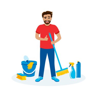 Süpürge ve temizlik aletleri ile gülümseyen adam vektör çizimi. Mutlu yakışıklı adam ev ikonu setini temizliyor. Çizgi film tarzı ev işi yapan neşeli bir adam. Baş parmağı yukarı vektörlü adam temizleyici