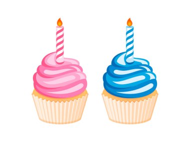 Mum vektör illüstrasyonlu pembe ve mavi doğum günü pastası. Pembe ve mavi kremalı kek ikonu, beyaz arka planda izole edilmiş vektör kümesi. Doğum günü pastası ve yanan mum çizimi.