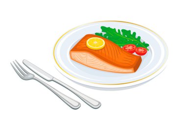 Izgara somon ve salata vektör illüstrasyonunda. Beyaz arka planda pişmiş somon, roka ve domates ikonu vektörü izole edilmiş. Limonlu balık bifteği. Limon vektörlü somon filetosu