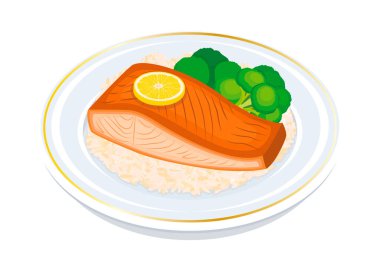 Tabak vektör illüstrasyonunda ızgara somon fileto, pirinç ve brokoli. Beyaz zemin üzerinde pişmiş somon, pirinç ve brokoli ikonu vektörü izole edilmiş. Limonlu balık bifteği