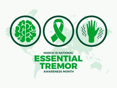 March, Ulusal Temel Titreşim Farkındalığı Ayı poster illüstrasyonudur. Yeşil farkındalık kurdelesi, el sıkışma, beyin ikonu seti. Arkaplan, afiş, kart şablonu. Önemli bir gün.