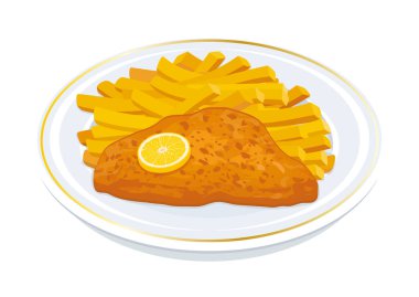 Kızarmış domuz şnitzel ve patates kızartması. Tabak vektör çiziminde. Kızarmış biftek ve patates kızartması, beyaz arka planda izole edilmiş bir tabak ikonu vektörü. Tavuk pirzolası.