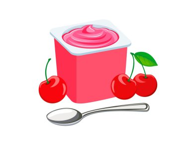Plastik bardakta vişneli yoğurt ve kaşık vektör çizimi. Beyaz arka planda izole edilmiş vişneli yoğurt plastik bardak ikonu vektörü. Meyveli yoğurt ve taze kiraz çizimi.