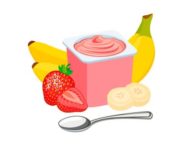 Plastik bardakta muz çilekli yoğurt ve kaşık vektör çizimi. Beyaz arka planda izole edilmiş çilekli muzlu yoğurt plastik bardak ikonu. Meyve yoğurdu, taze çilek ve muz çizimi.