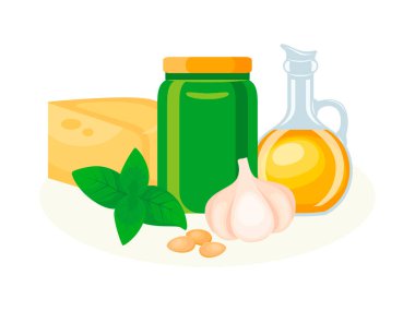 Pesto sosu kavanozu, fesleğen, zeytinyağı, parmesan, sarımsak, çam fıstığı vektör çizimi. Bir kavanoz pesto sosu ikonu vektörü beyaz arkaplanda izole edildi. Taze malzemeli pesto sosu.