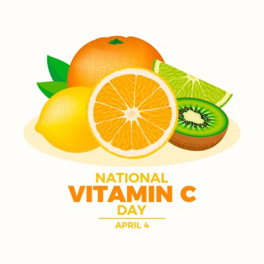 National Vitamin C Day poster illüstrasyonu. C vitamini yiyecek kaynakları simgesi seti. Portakal, limon, kivi, limon vektörü. Taze turunçgillerden oluşan bir yığın. Her yıl 4 Nisan 'da. Önemli bir gün.