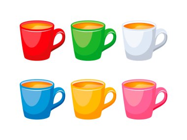 Farklı renkte çay fincanları vektör illüstrasyonunu ayarlar. Beyaz arka planda izole edilmiş renkli çay fincanları. Çay simgesi belirleme vektörünün renkli kupaları