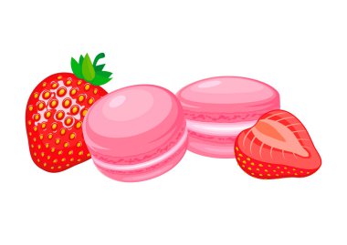 Strawberry macarons and fresh strawberries vector illustration. Pink french macaroons icon vector isolated on a white background. Pink macarons and fresh strawberries drawing clipart