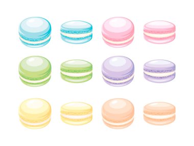 Renkli pastel simge vektör çizimi. Renkli pastel fransız badem kurabiyesi simgesi beyaz arkaplanda izole edilmiş vektör kümesi. Mavi, pembe, yeşil, sarı, mor, kahverengi badem kurabiyesi çizimi