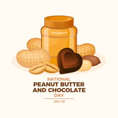 Ulusal Fıstık Ezmesi ve Çikolata Günü poster illüstrasyonu. Fıstık ezmesi kavanozu ve çikolatalı pralin kalp ikonu vektörü. Kabuk çiziminde kavrulmuş fıstık. Arkaplan, afiş, kart, poster için şablon. Her yıl 23 Temmuz