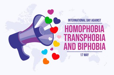 Uluslararası Homofobi, Transfobi ve Bifobi poster illüstrasyonuna karşı gün. Yüksek sesle konuşan ve renkli kalp vektörü. LGBTQIA megafon aşk sembolü. Arkaplan, afiş, kart şablonu. 17 Mayıs. Önemli bir gün.
